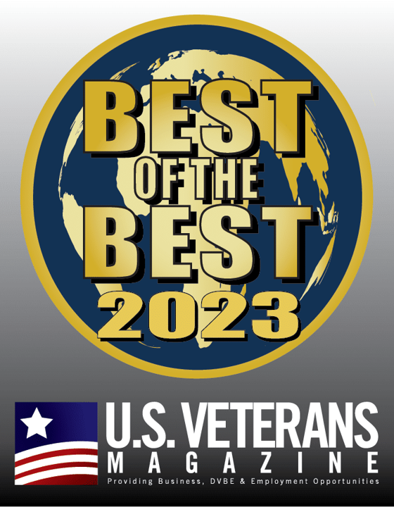 Best of the Best 2023" logo featuring bold yellow text on a blue and gold globe design. Below, a banner for U.S. Veterans Magazine with the American flag and text that reads "Providing Business, DVBE & Employment Opportunities.